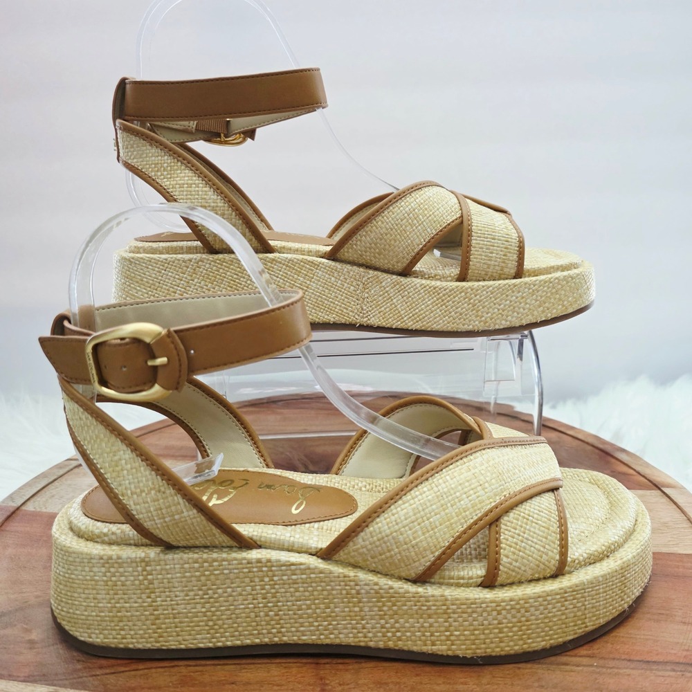Sam Edelman Nylie Sandals Womens 8.5M Natural Cognac New Raffia Platform
